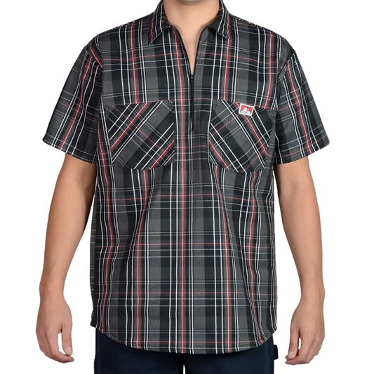 Short Sleeve Plaid 1/2 Zip Shirt - Black/Red